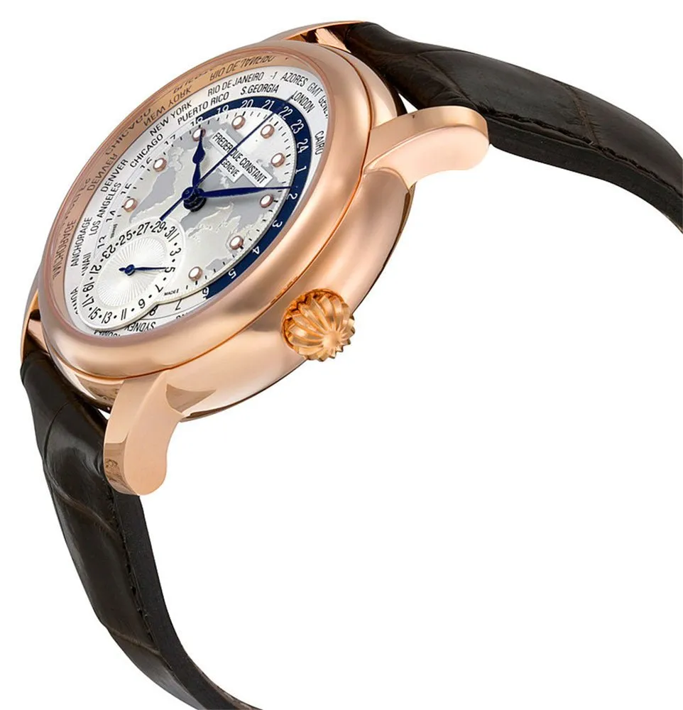 Frederique Constant Classic Worldtimer Manufacture Rose Gold Tone Steel Automatic Silver Dial Brown Leather Strap Mens Watch FC-718WM4H4