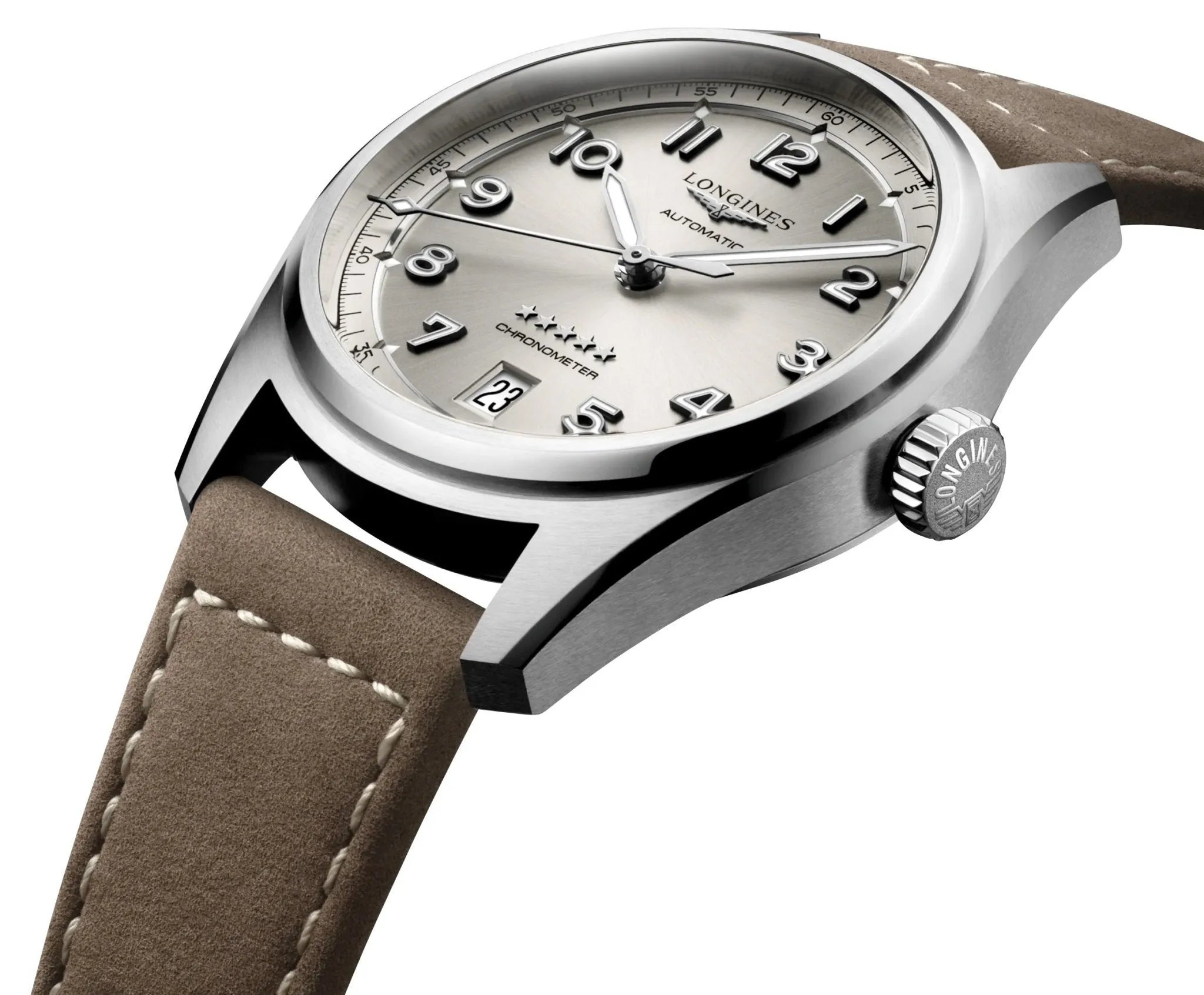 Longines Spirit Automatic COSC Stainless Steel Champagne Dial Beige Leather Strap Date Unisex Watch L3.410.4.63.2