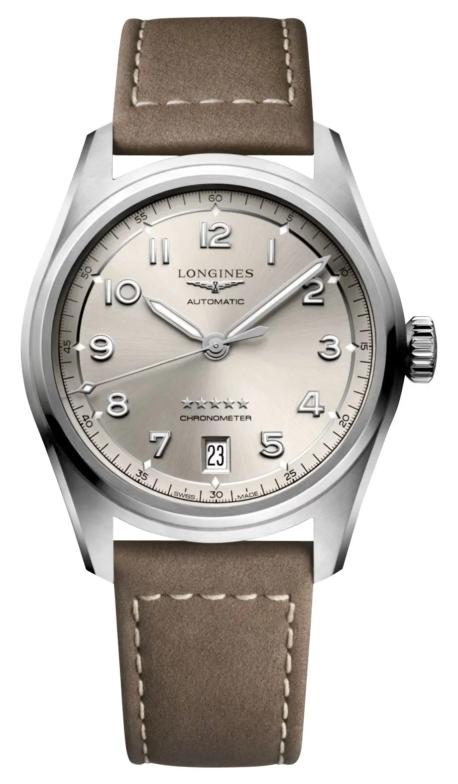Longines Spirit Automatic COSC Stainless Steel Champagne Dial Beige Leather Strap Date Unisex Watch L3.410.4.63.2
