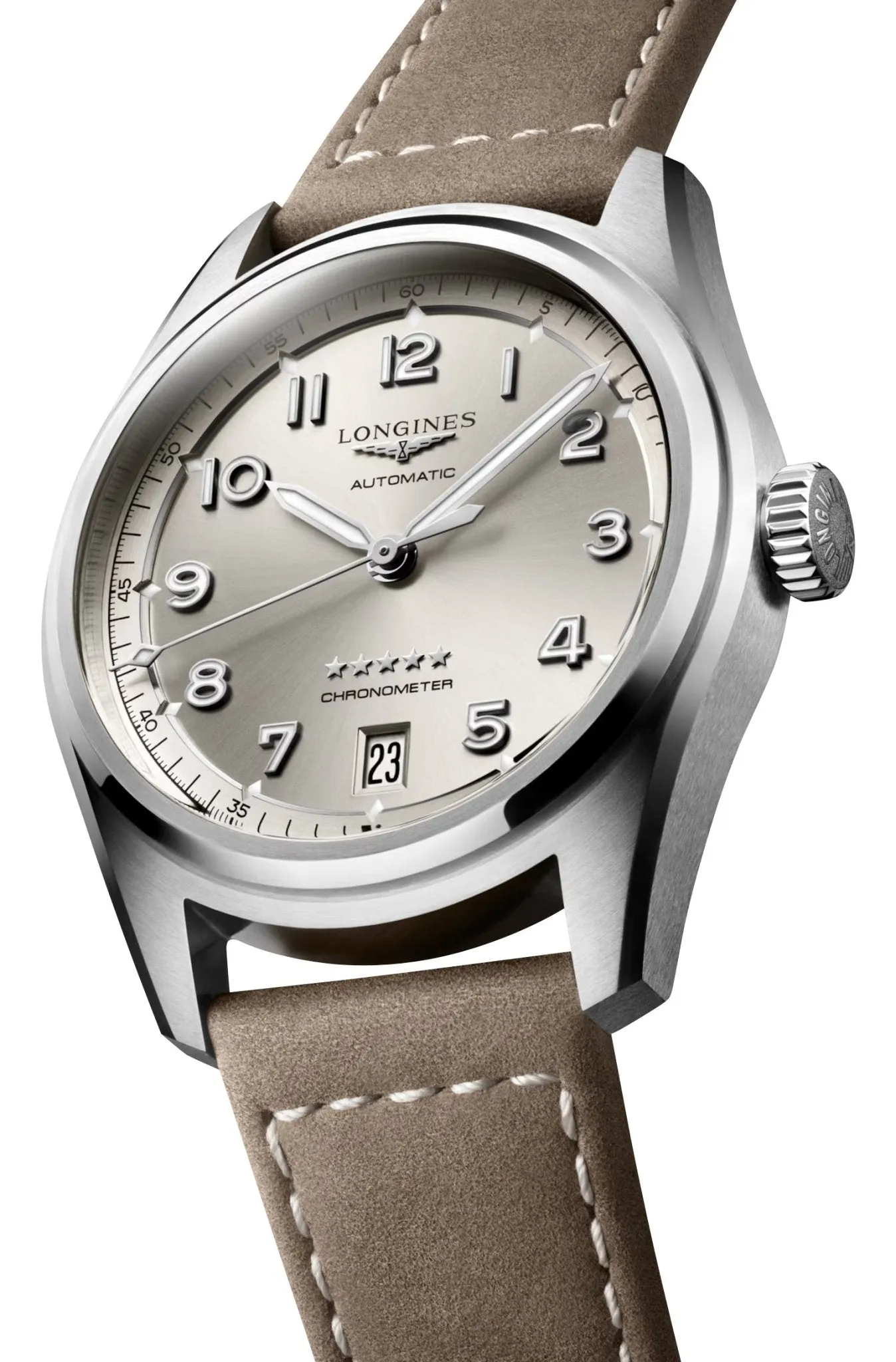 Longines Spirit Automatic COSC Stainless Steel Champagne Dial Beige Leather Strap Date Unisex Watch L3.410.4.63.2