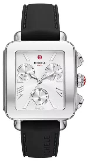 Michele Deco Sport Chronograph Silver Rectangle Dial Black Silicone Women's Watch MWW06K000071