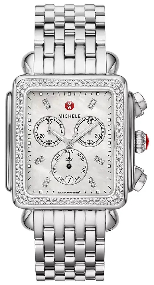 Michele Deco XL Chronograph Day-of-Week/Date Mother-of-Pearl Dial Diamonds Stainless Steel Rectangle Womens Watch MWW06Z000035