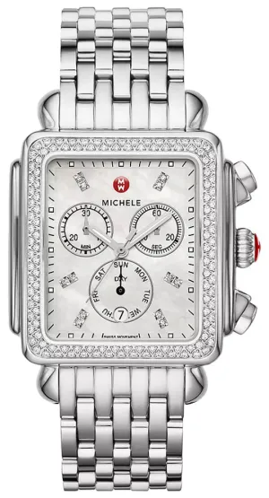 Michele Deco XL Chronograph Day-of-Week/Date Mother-of-Pearl Dial Diamonds Stainless Steel Rectangle Womens Watch MWW06Z000035