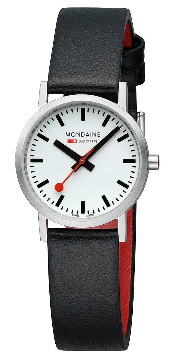 Mondaine Classic Stainless Steel White Dial Black Vegan Leather Strap Quartz Womens Watch A658.30323.16SBB