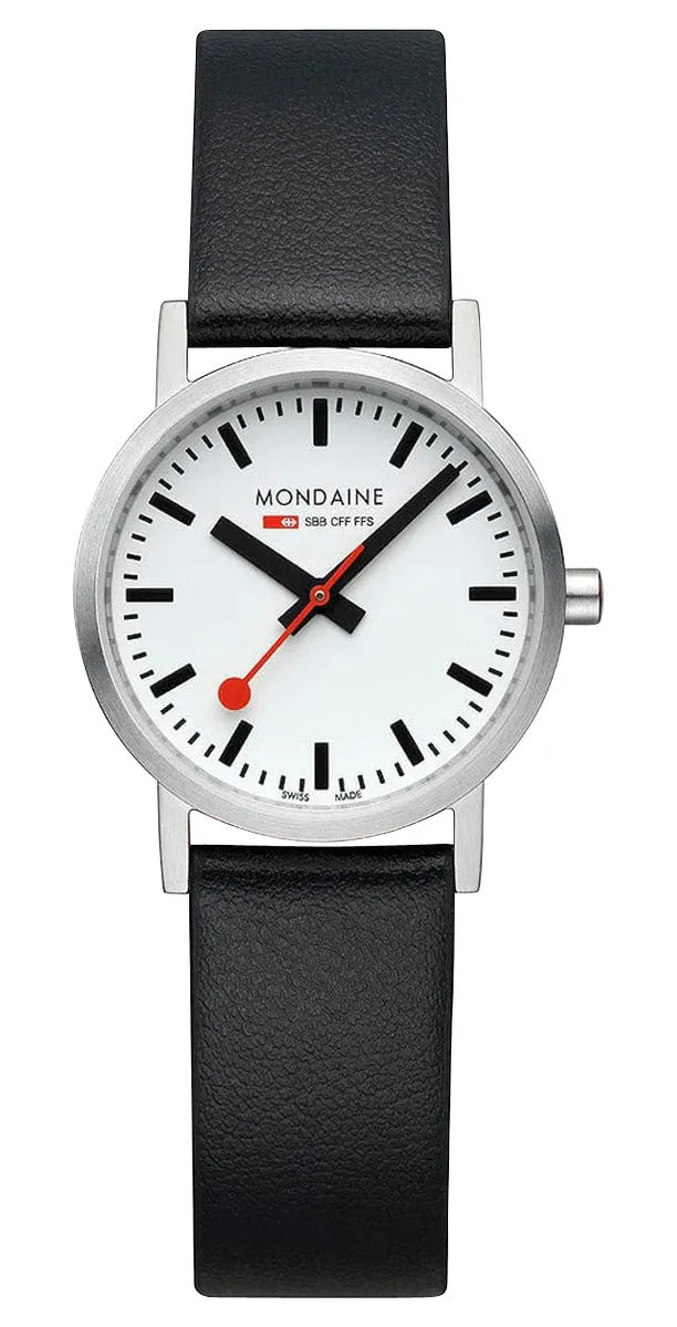 Mondaine Classic Stainless Steel White Dial Black Vegan Leather Strap Quartz Womens Watch A658.30323.16SBB