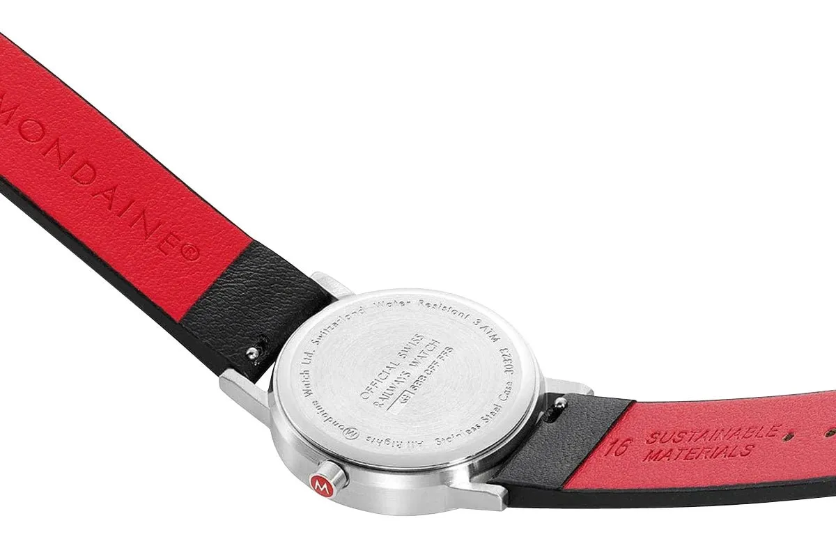 Mondaine Classic Stainless Steel White Dial Black Vegan Leather Strap Quartz Womens Watch A658.30323.16SBB
