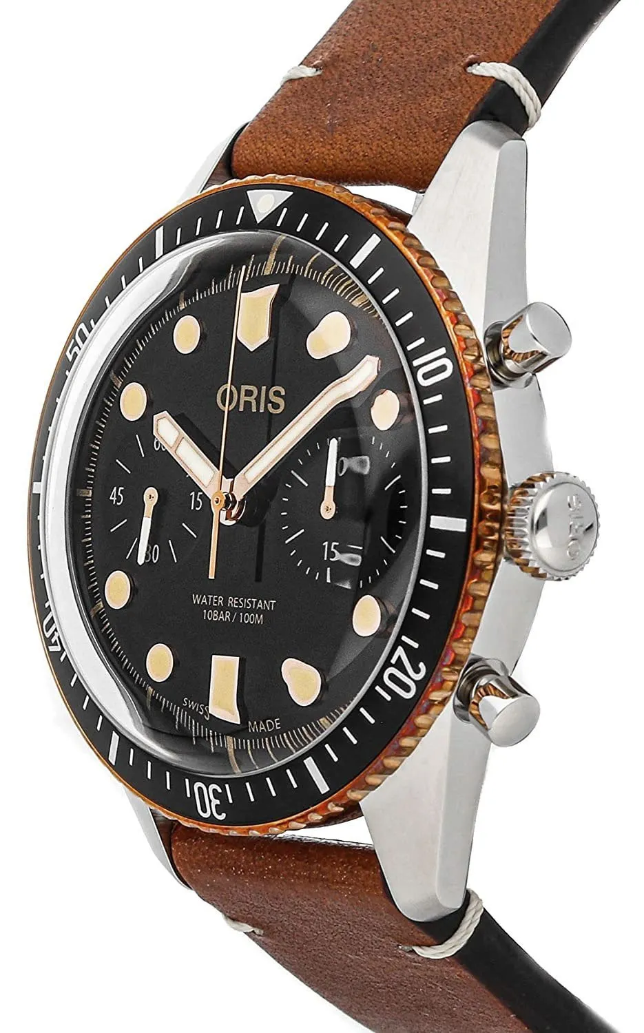 Oris Divers Sixty-Five Automatic Chronograph Stainless Steel Brown Leather Strap Black Dial Mens Watch 771 7744 4354-LS