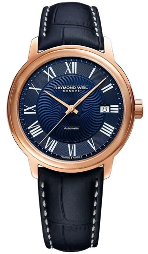 Raymond Weil Maestro Automatic Rose Gold PVD Blue Leather Strap Blue Dial Date Mens Watch 2237-PC5-00508