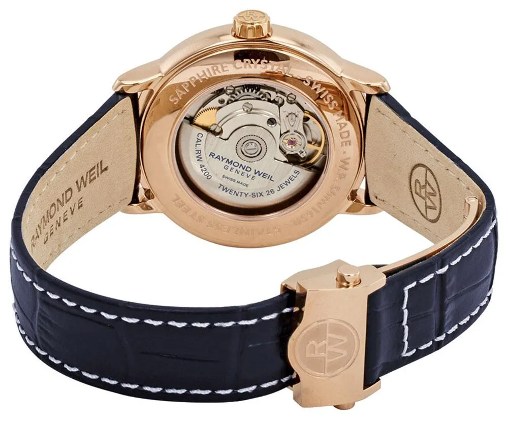 Raymond Weil Maestro Automatic Rose Gold PVD Blue Leather Strap Blue Dial Date Mens Watch 2237-PC5-00508