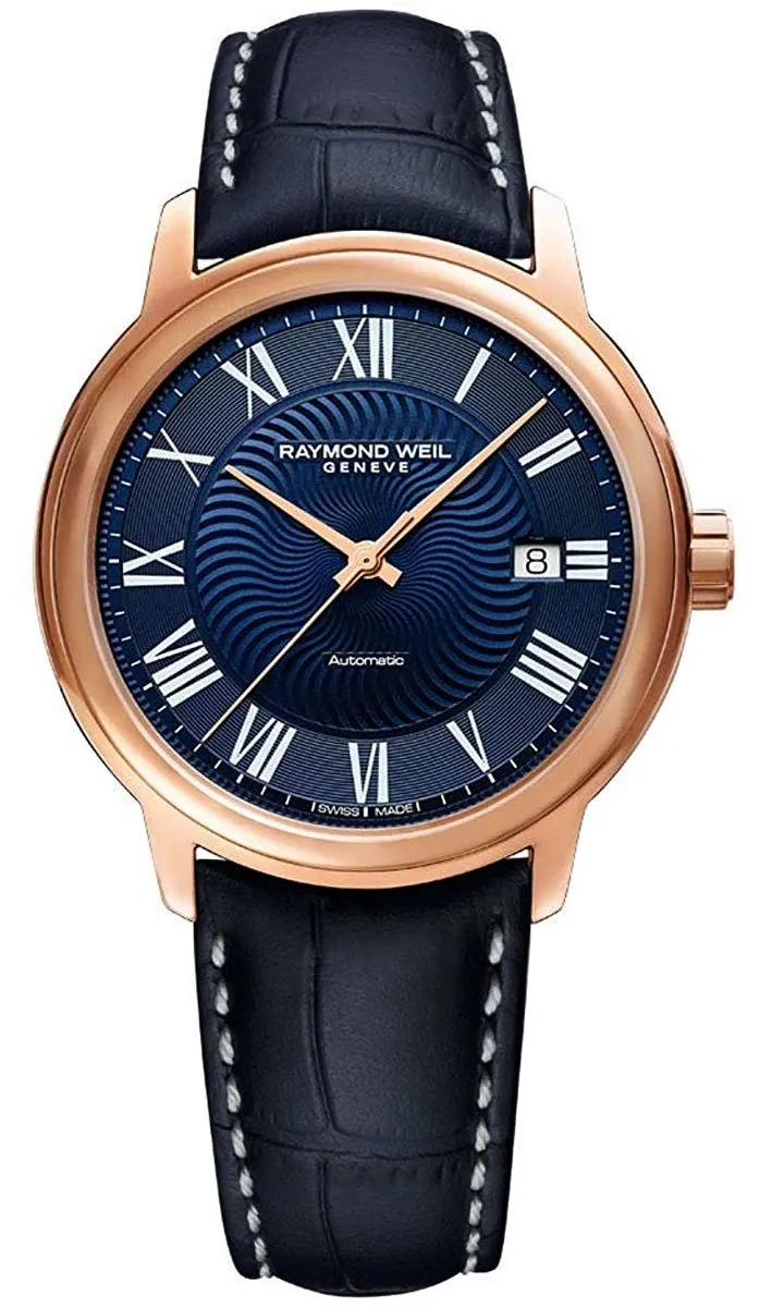 Raymond Weil Maestro Automatic Rose Gold PVD Blue Leather Strap Blue Dial Date Mens Watch 2237-PC5-00508