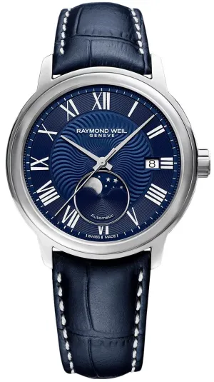 Raymond Weil Maestro Automatic Stainless Steel Blue Dial Blue Leather Strap Moonphase Date Mens Watch 2239-STC-00509