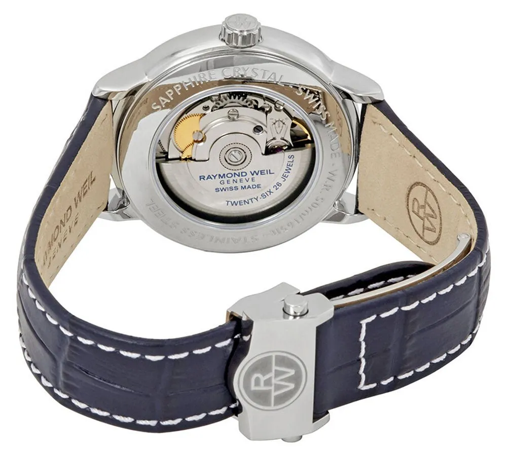Raymond Weil Maestro Automatic Stainless Steel Blue Dial Blue Leather Strap Moonphase Date Mens Watch 2239-STC-00509