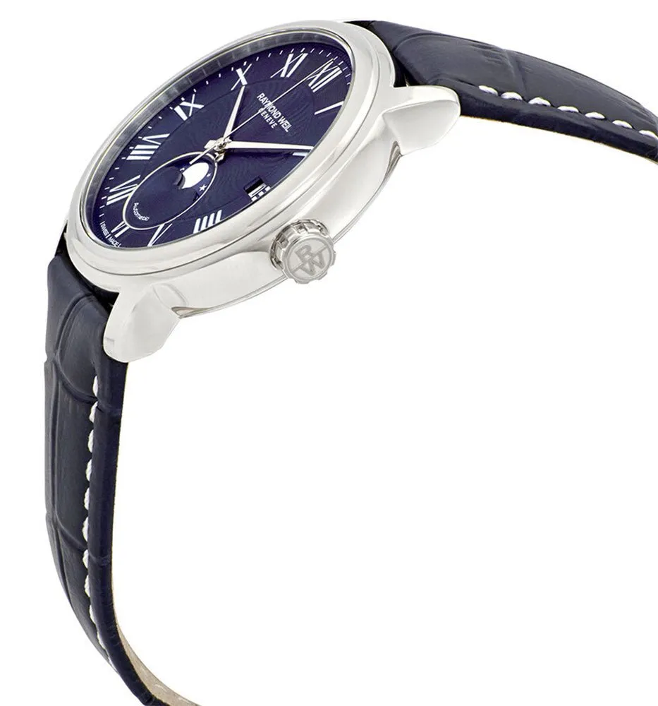 Raymond Weil Maestro Automatic Stainless Steel Blue Dial Blue Leather Strap Moonphase Date Mens Watch 2239-STC-00509