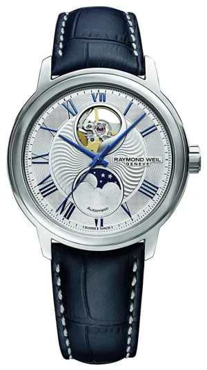 Raymond Weil Maestro Automatic Stainless Steel Blue Leather Strap Silver Dial Moonphase Date Mens Watch 2240-STC-00655