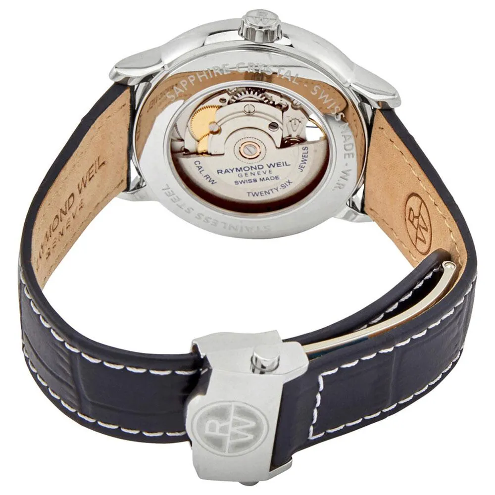 Raymond Weil Maestro Automatic Stainless Steel Blue Leather Strap Silver Dial Moonphase Date Mens Watch 2240-STC-00655