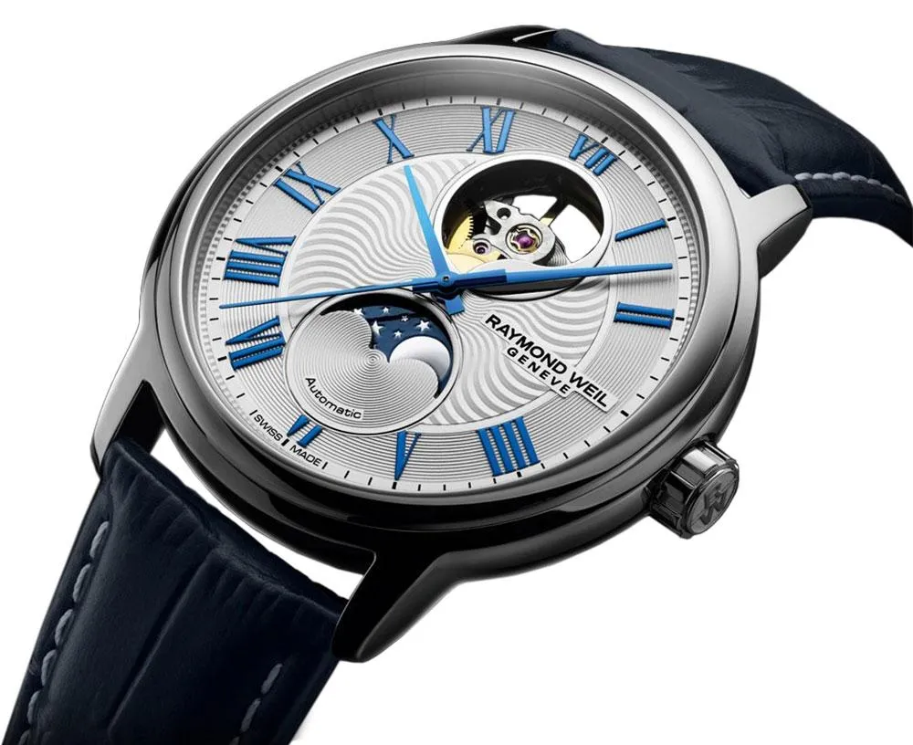Raymond Weil Maestro Automatic Stainless Steel Blue Leather Strap Silver Dial Moonphase Date Mens Watch 2240-STC-00655