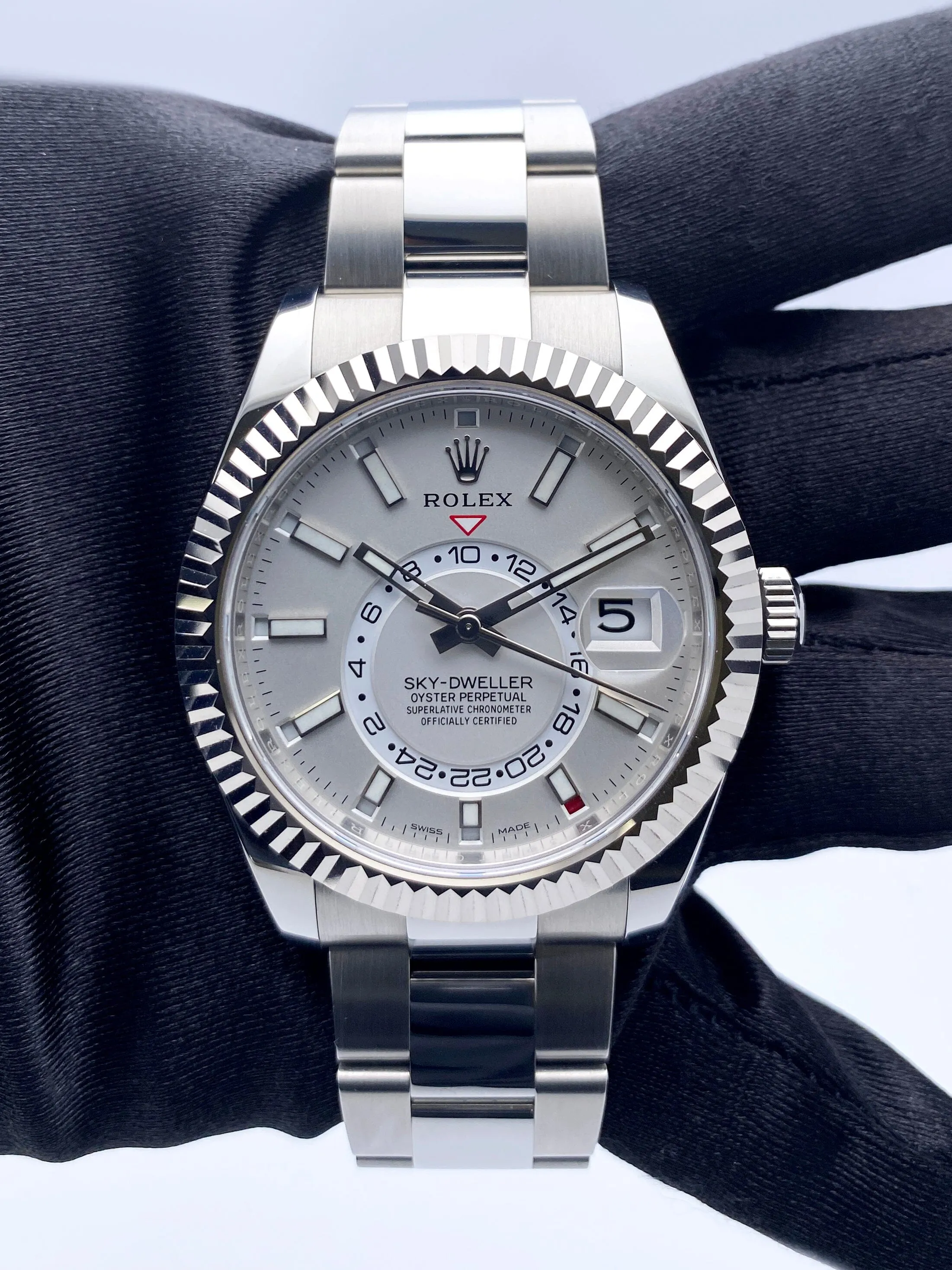 Rolex Sky-Dweller 326934 White Dial Steel White Gold Mens Watch Box Papers