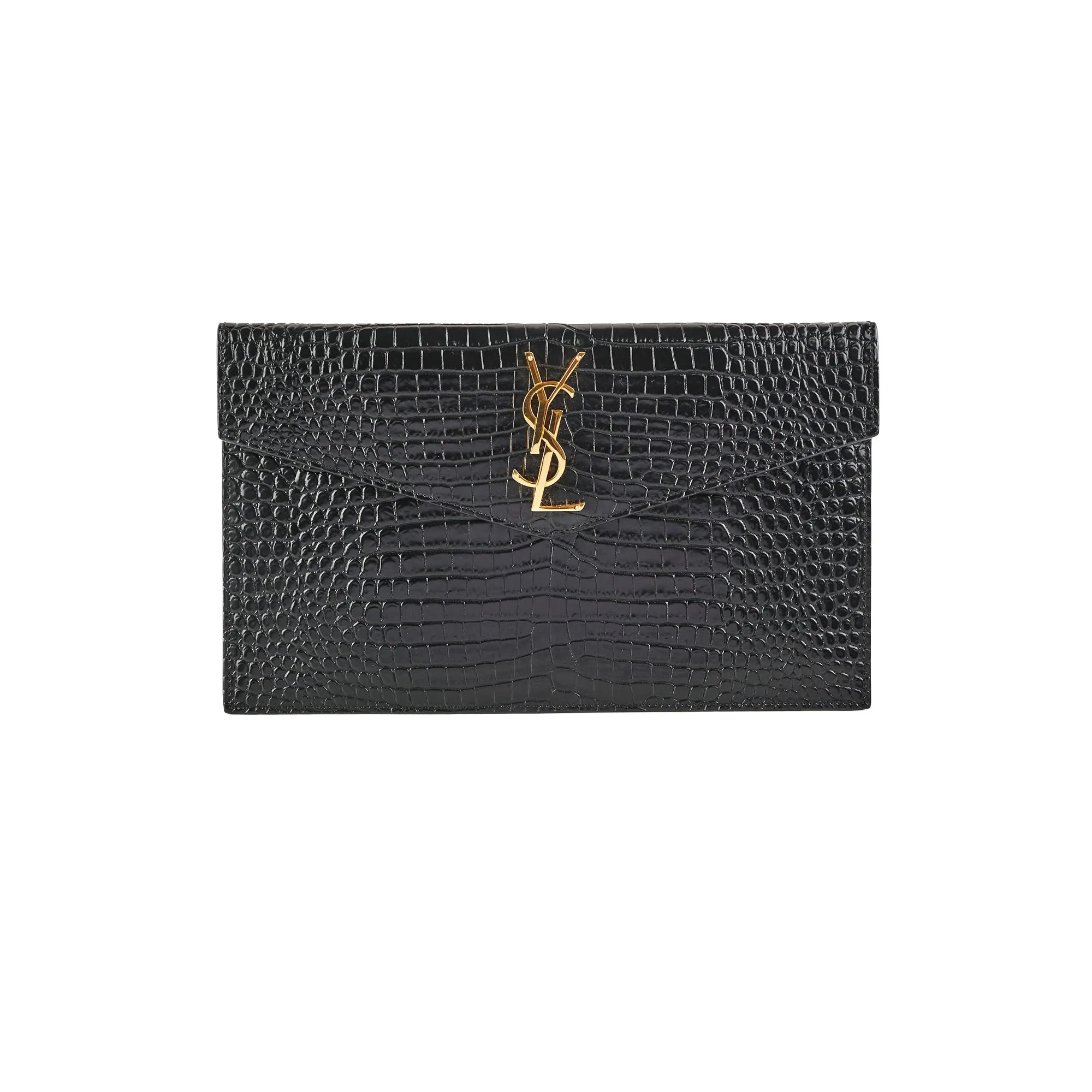 Saint Laurent Uptown Pouch Black Croc Embossed Clutch