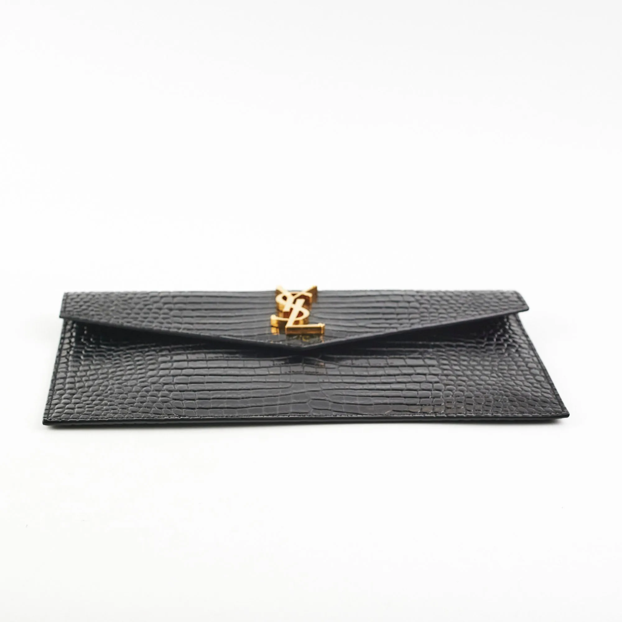 Saint Laurent Uptown Pouch Black Croc Embossed Clutch