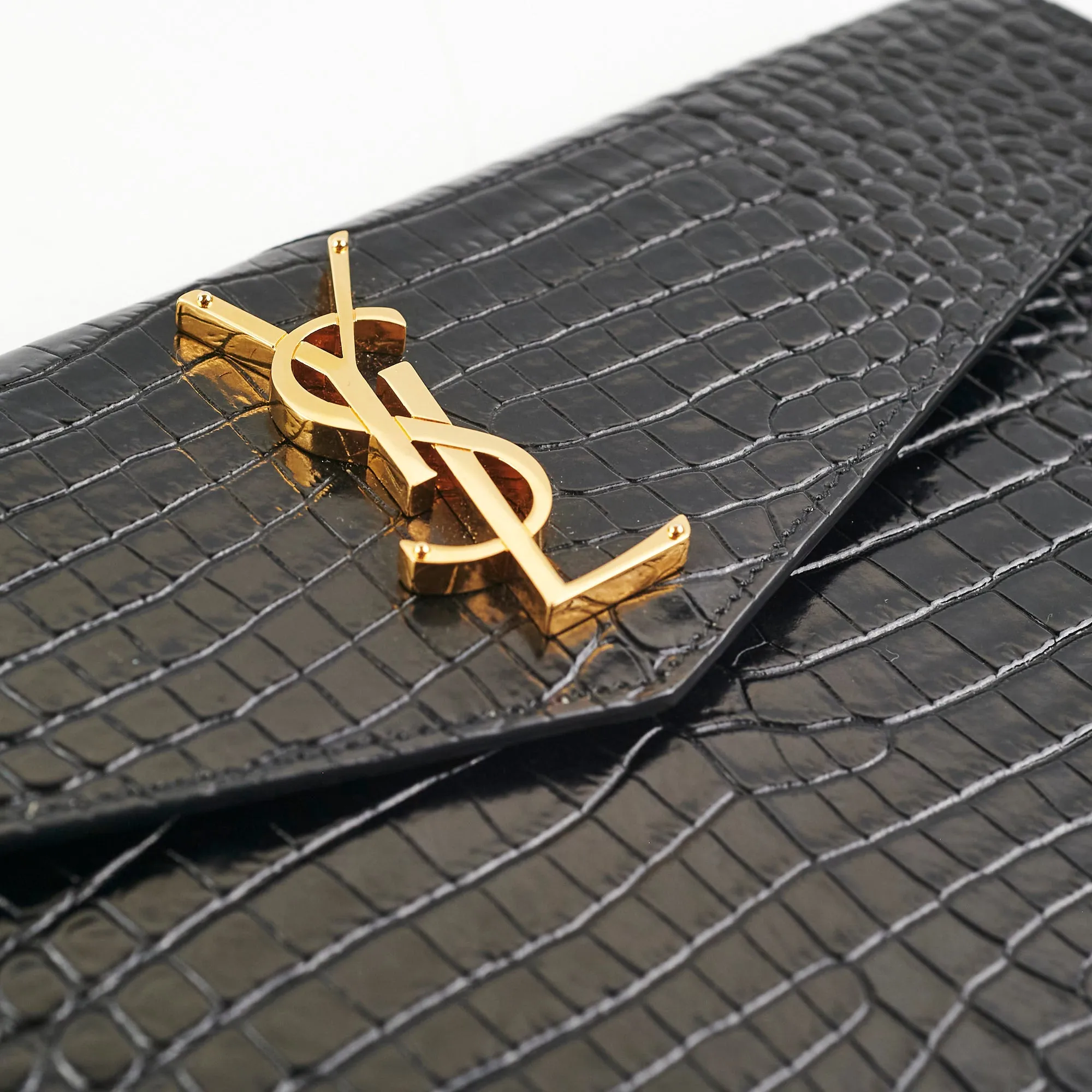 Saint Laurent Uptown Pouch Black Croc Embossed Clutch