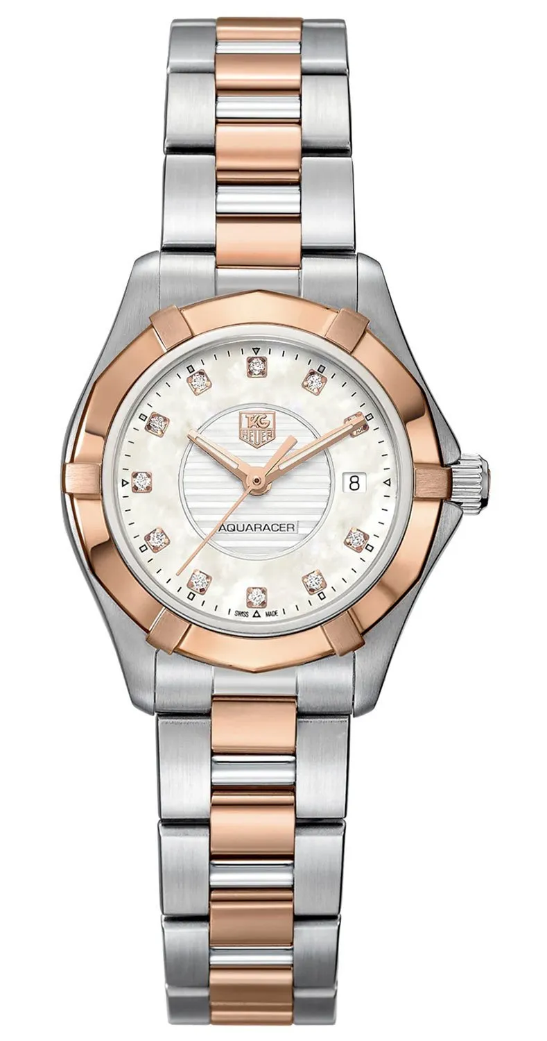 TAG Heuer Aquaracer Steel & Rose Gold Mother-of-Pearl Dial Diamonds Date Quartz Womens Watch WAP1451.BD0837