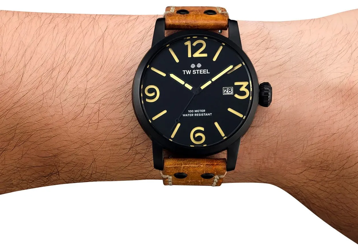 TW Steel Maverick Black PVD Black Dial Brown Leather Strap Date Quartz Mens Watch MS31