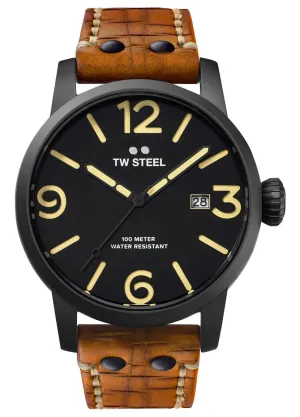 TW Steel Maverick Black PVD Black Dial Brown Leather Strap Date Quartz Mens Watch MS31