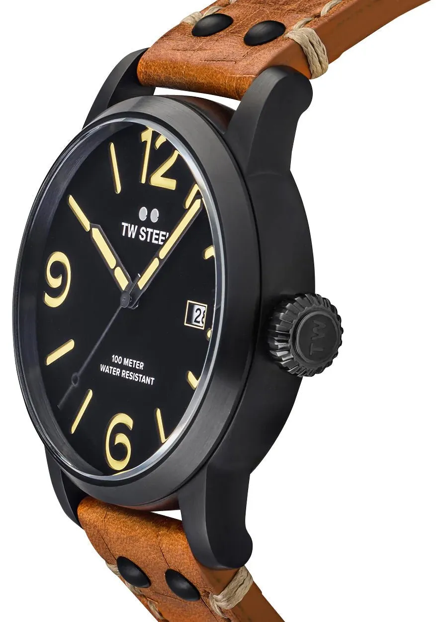 TW Steel Maverick Black PVD Black Dial Brown Leather Strap Date Quartz Mens Watch MS31