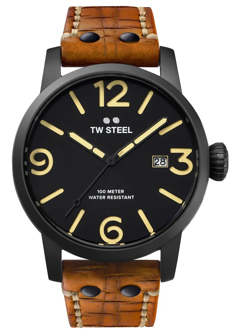 TW Steel Maverick Black PVD Black Dial Brown Leather Strap Date Quartz Mens Watch MS31