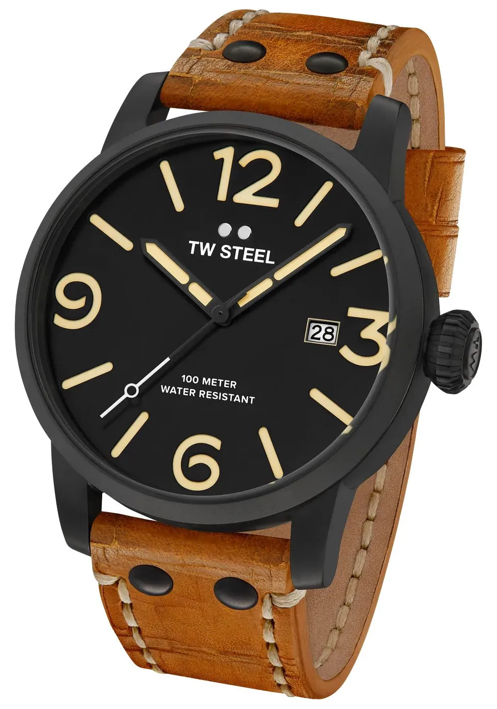 TW Steel Maverick Black PVD Black Dial Brown Leather Strap Date Quartz Mens Watch MS31