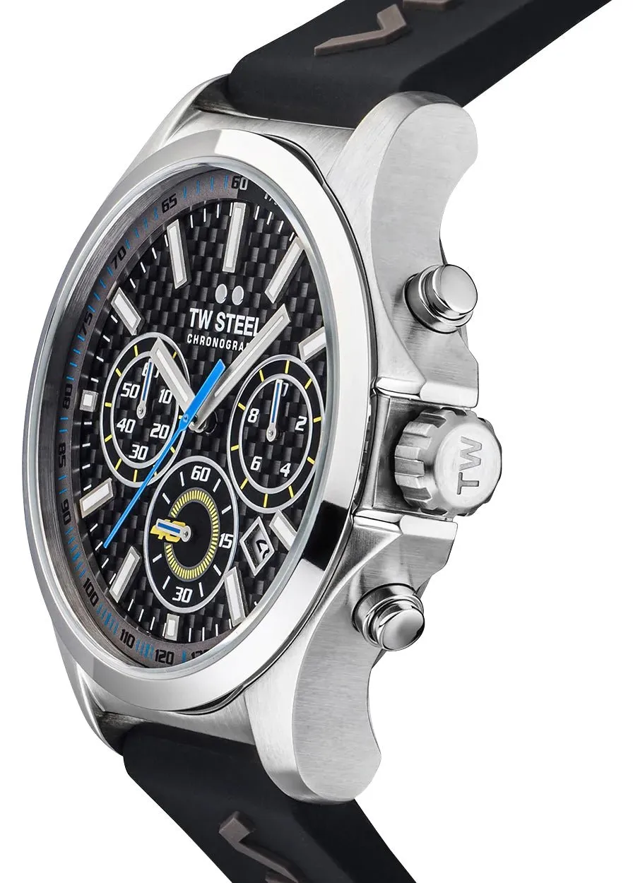 TW Steel VR46 Pilot Special Edition Chronograph Stainless Steel Black Dial Black Silicon Strap Date Quartz Mens Watch TW938
