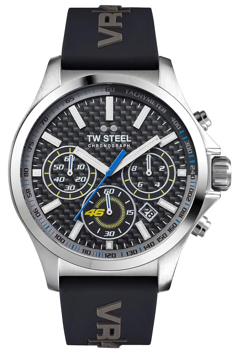 TW Steel VR46 Pilot Special Edition Chronograph Stainless Steel Black Dial Black Silicon Strap Date Quartz Mens Watch TW938