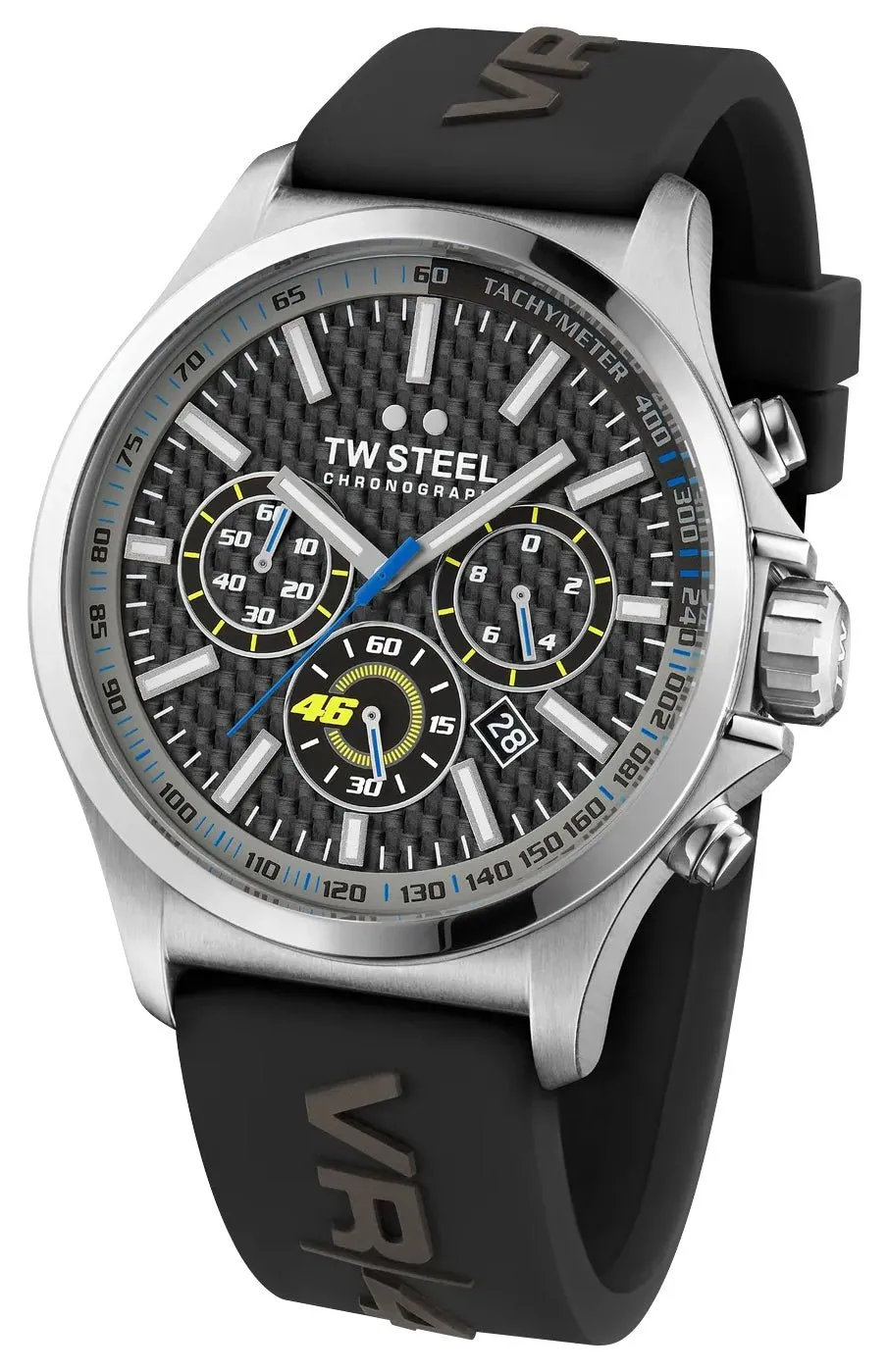TW Steel VR46 Pilot Special Edition Chronograph Stainless Steel Black Dial Black Silicon Strap Date Quartz Mens Watch TW938