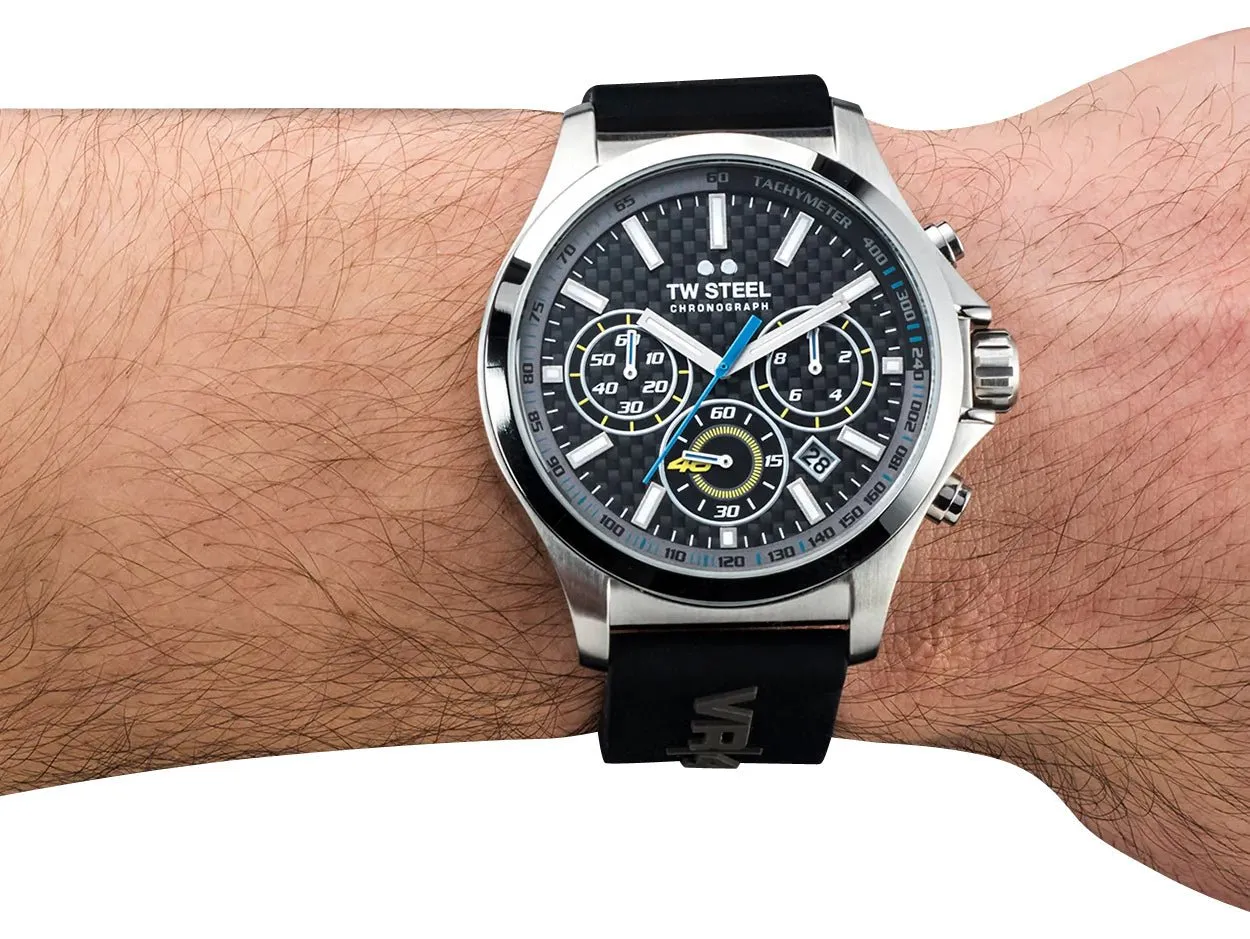 TW Steel VR46 Pilot Special Edition Chronograph Stainless Steel Black Dial Black Silicon Strap Date Quartz Mens Watch TW938