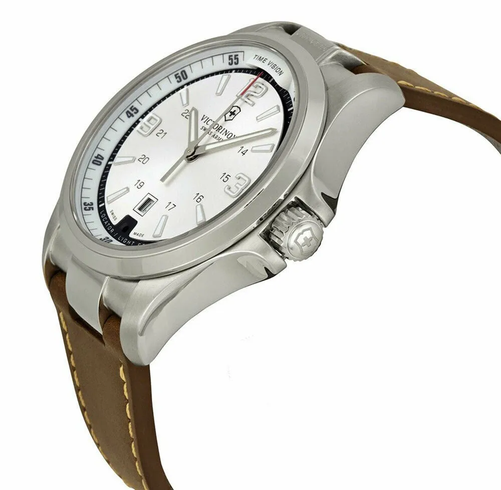 Victorinox Swiss Army Night Vision Steel Brown Leather 241570 Mens Watch Date LED Flashlight