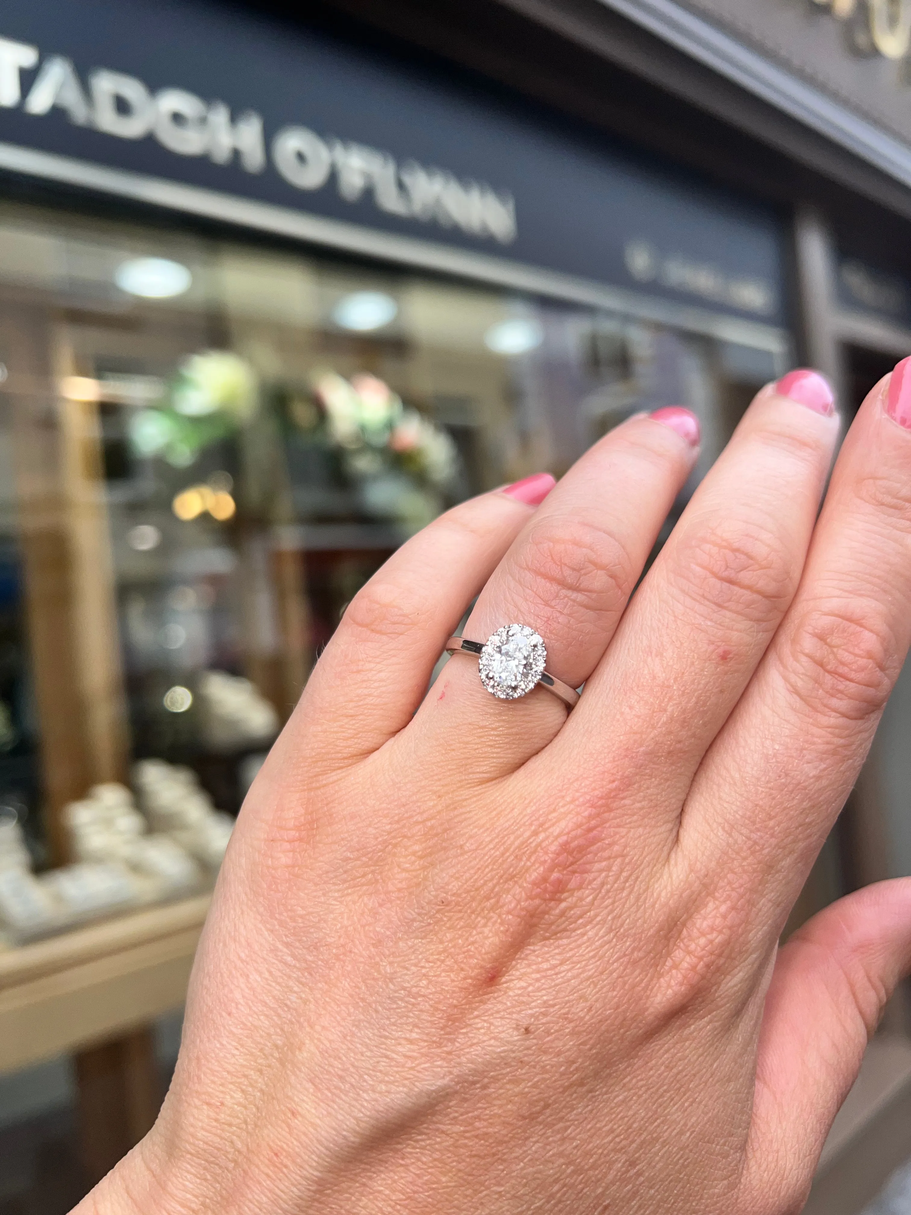 Violet - Platinum .92ct Castle Set Oval Halo Earth Grown Diamond Engagement Ring