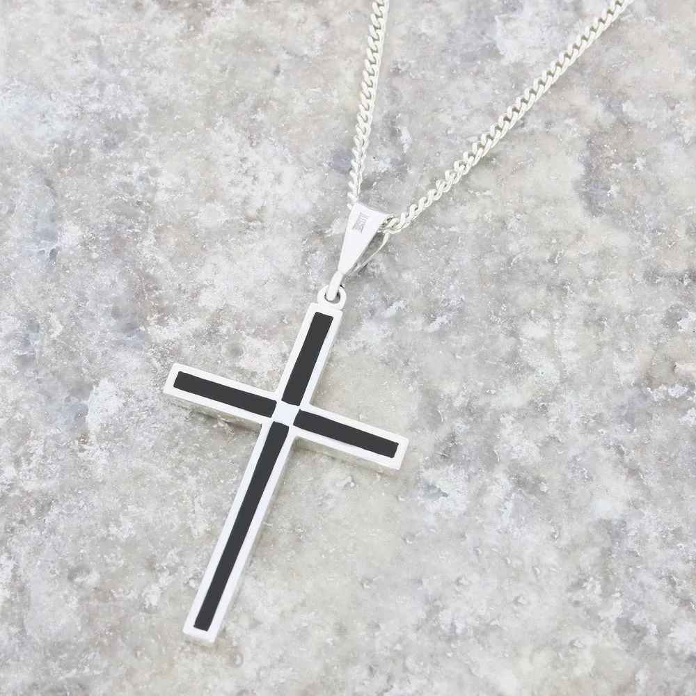 Whitby Jet Sterling Silver Cross Pendant and Chain