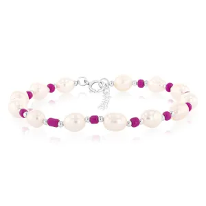 White Freshwater Pearl Bracelet with Pink & Silver Beads in Sterling Silver
